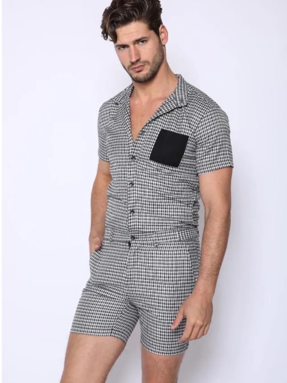 Men's Black & White Houndstooth Short Sleeve Romper